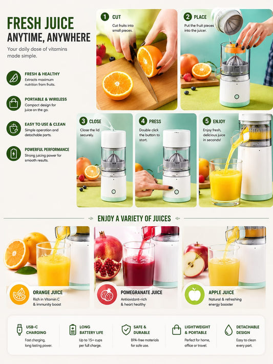 Electric Juicer Orange Squeezer Citrus Press Lemons, Portable USB Charging Electric Juicer
